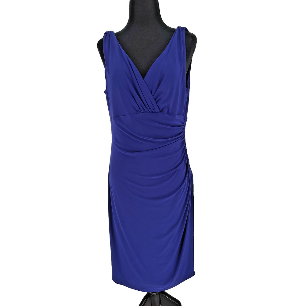 Lauren R. Lauren Purple Faux Wrap Dress Size 14 Lined Stretch Ruched V Neck